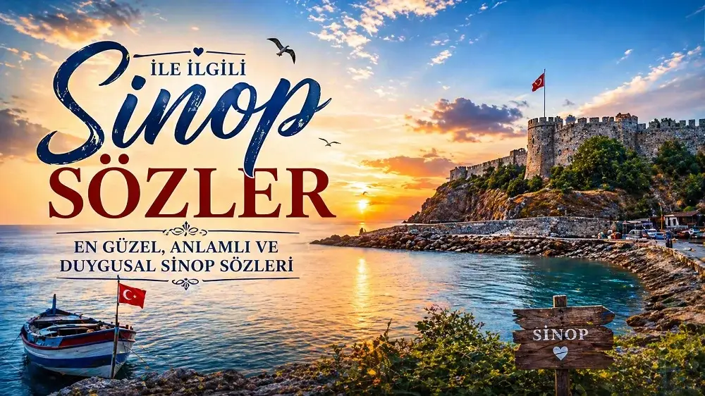 Sinop Kalesi, deniz kıyısı ve gün batımı manzarası ile Sinop ile ilgili sözler temalı kapak görseli.