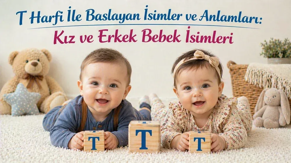 T harfi ile başlayan kız ve erkek bebek isimleri başlıklı görselde T harfli blok küpler yanında iki bebek.