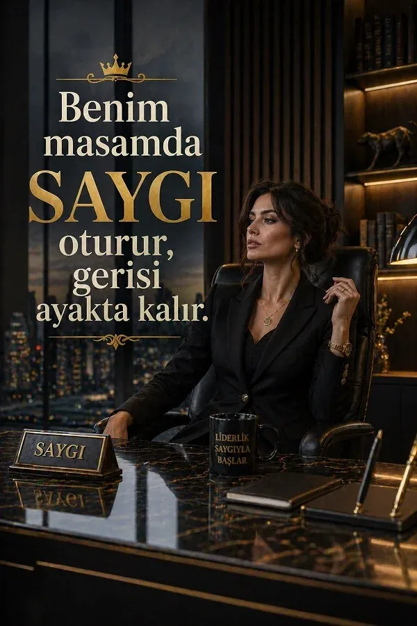 Ofiste masasında oturan kadın ve saygı ile ilgili sert söz bulunan dikey görsel.