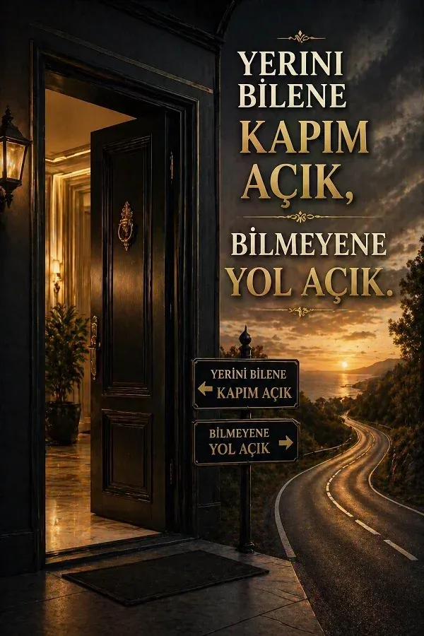 Açık kapı, yol manzarası ve yerini bilmekle ilgili söz bulunan dikey görsel.