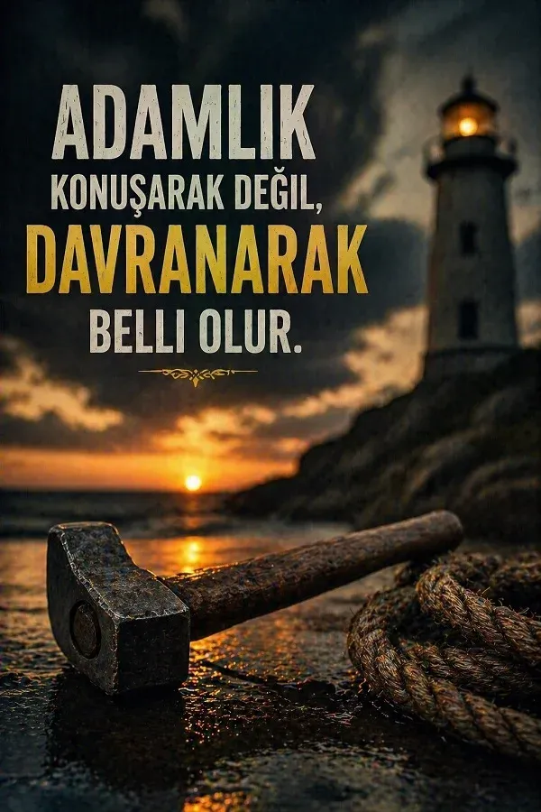 Gün batımında sahilde çekiç ve deniz feneri bulunan adamlık sözlü dikey görsel.