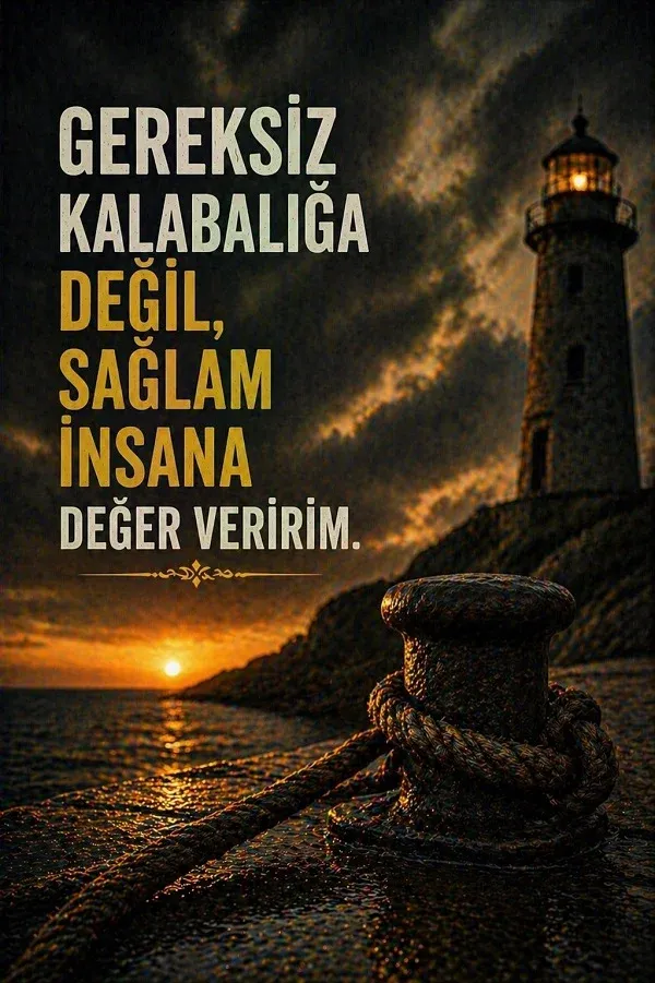 Sahilde halatlı direk ve sağlam insanlarla ilgili söz bulunan dikey görsel.