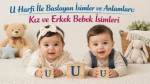 U harfi ile başlayan kız ve erkek bebek isimleri başlıklı görselde U harfli blok küpler yanında iki bebek.