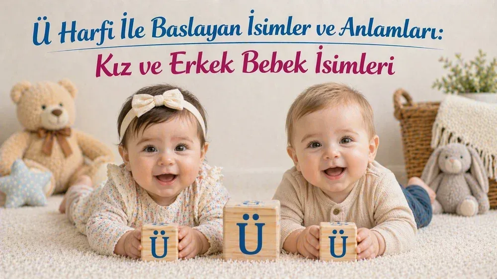 Ü harfi ile başlayan kız ve erkek bebek isimleri başlıklı görselde Ü harfli blok küpler yanında iki bebek.