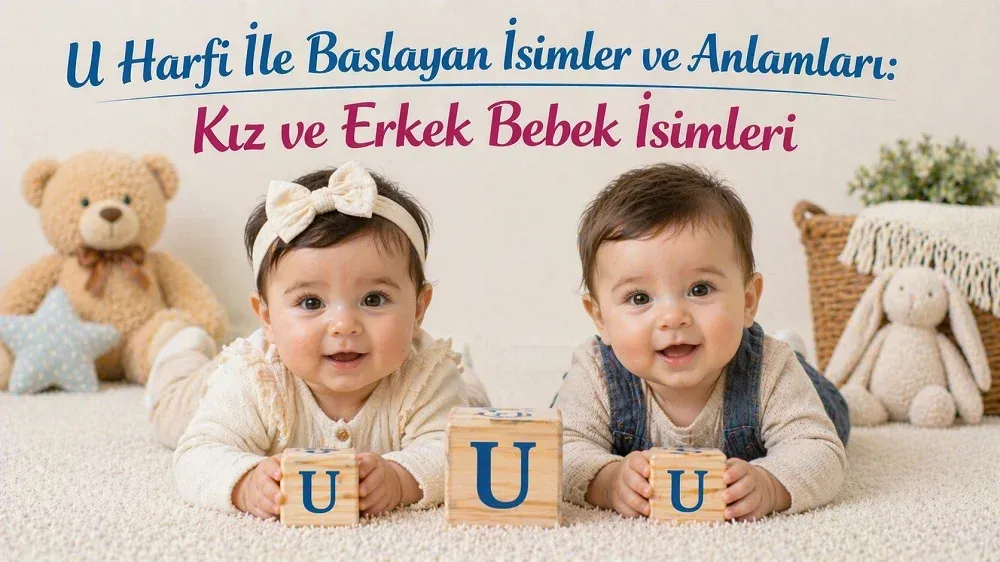U harfi ile başlayan kız ve erkek bebek isimleri başlıklı görselde U harfli blok küpler yanında iki bebek.