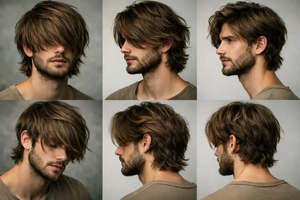 Uzun, katlı ve dağınık görünüme sahip shaggy hair kesim erkek saç modeli.