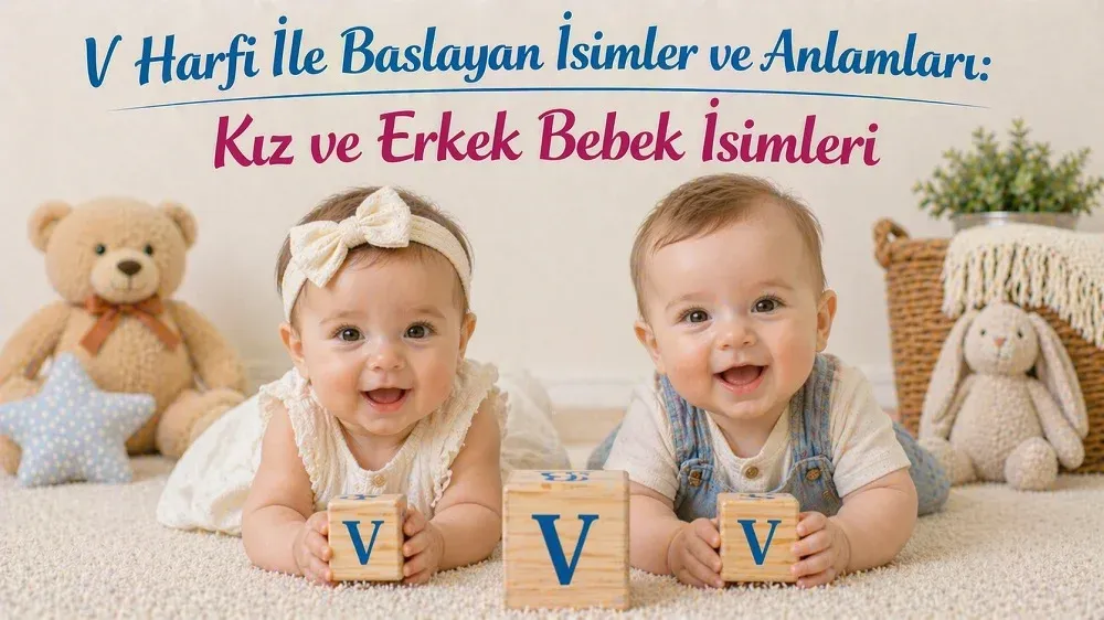 V harfi ile başlayan kız ve erkek bebek isimleri başlıklı görselde V harfli blok küpler yanında iki bebek.