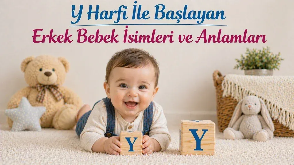 Y harfi ile başlayan erkek bebek isimleri başlıklı görselde Y harfli blok küpler yanında erkek bebek.