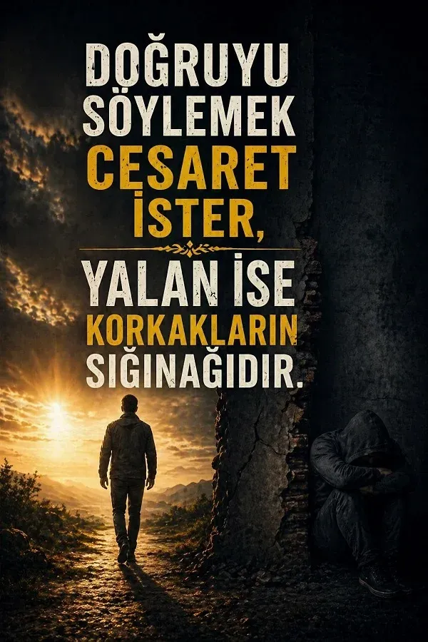 Doğruyu söylemek cesaret ister, yalan ise korkakların sığınağıdır sözüyle hazırlanmış, aydınlığa yürüyen insan ve karanlıkta oturan kişi temalı anlamlı söz görseli.