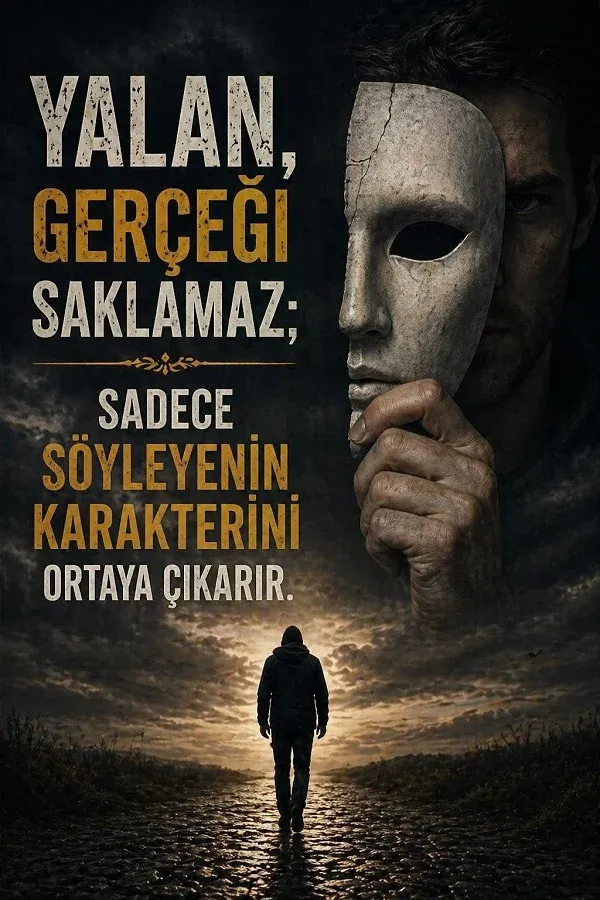 Yalan gerçeği saklamaz sadece söyleyenin karakterini ortaya çıkarır sözüyle hazırlanmış, maske tutan adam ve karanlık yolda yürüyen kişi temalı etkileyici yalan sözü görseli.
