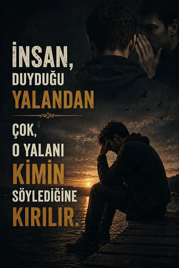 İnsan duyduğu yalandan çok o yalanı kimin söylediğine kırılır sözü bulunan, sahil kenarında üzgün oturan adam ve karanlık atmosfer temalı anlamlı söz görseli.