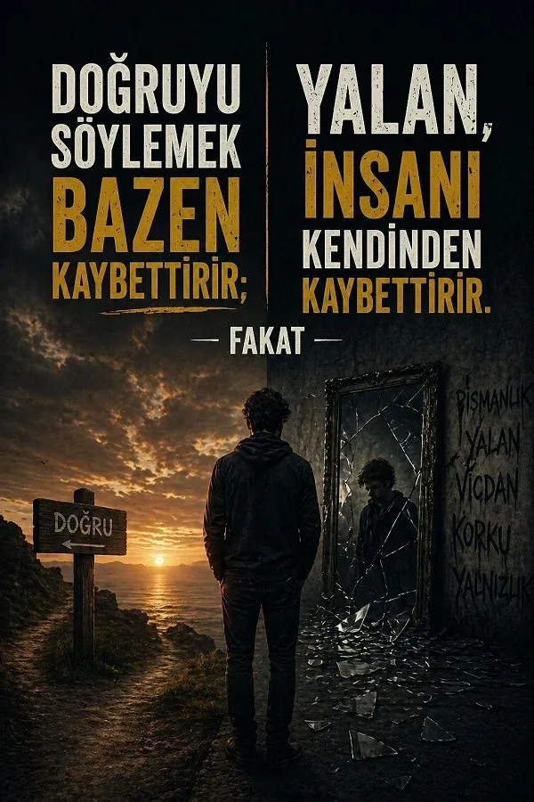 Doğruyu söylemek bazen kaybettirir fakat yalan insanı kendinden kaybettirir sözüyle hazırlanmış, kırık ayna ve gün batımına bakan adam temalı yalan ile ilgili söz görseli.