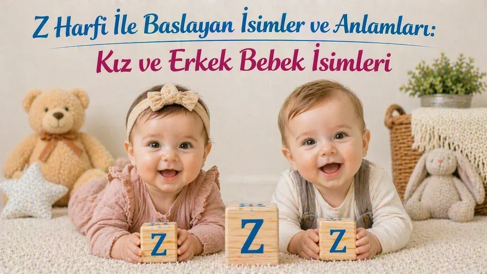 Z harfi ile başlayan kız ve erkek bebek isimleri başlıklı görselde Z harfli blok küpler yanında iki bebek.