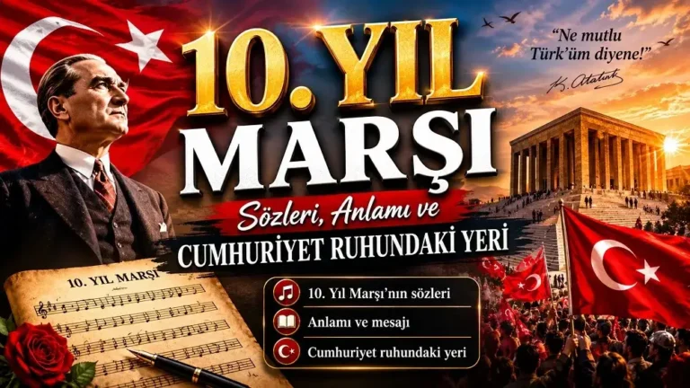 Atatürk, Türk bayrağı, Anıtkabir ve nota detaylarıyla hazırlanmış 10. Yıl Marşı kapak görseli.