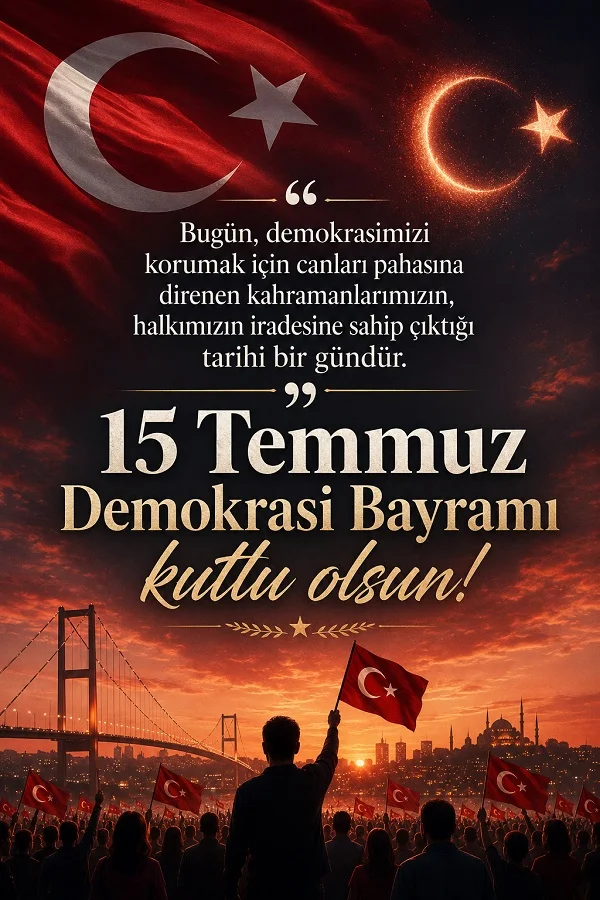 Türk bayrağı, Boğaz Köprüsü ve kalabalık önünde “15 Temmuz Demokrasi Bayramı kutlu olsun” mesajının yer aldığı kırmızı tonlu tasarım.