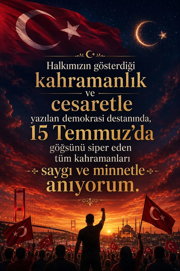 Türk bayrakları, kalabalık ve Boğaz Köprüsü eşliğinde 15 Temmuz kahramanlarını saygı ve minnetle anan yazılı tasarım.