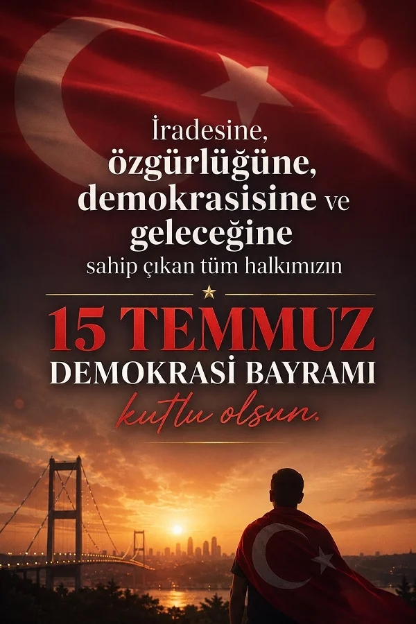 Türk bayrağına sarılmış bir kişinin köprü ve şehir manzarasına baktığı tasarımda 15 Temmuz Demokrasi Bayramı kutlama mesajı yer alıyor.