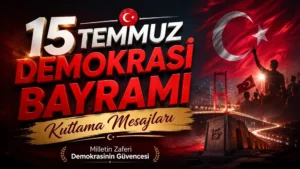 Türk bayrağı, şehir silüeti, kalabalık halk figürleri ve büyük kırmızı-beyaz tipografiyle hazırlanmış “15 Temmuz Demokrasi Bayramı Kutlama Mesajları” başlıklı modern kapak görseli.
