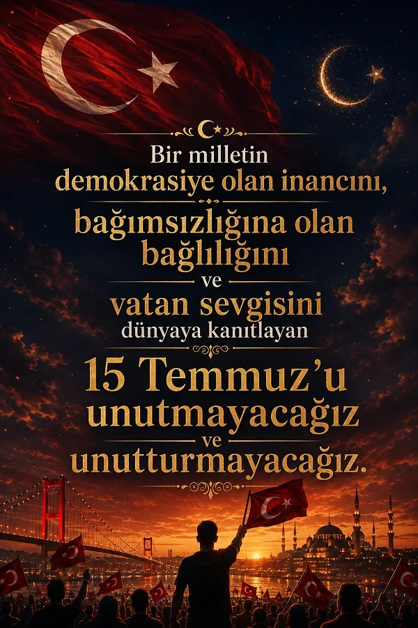 Türk bayrağı, hilal yıldız, kalabalık ve köprü manzarası üzerinde 15 Temmuz’u unutmayacağız mesajı bulunan tasarım.