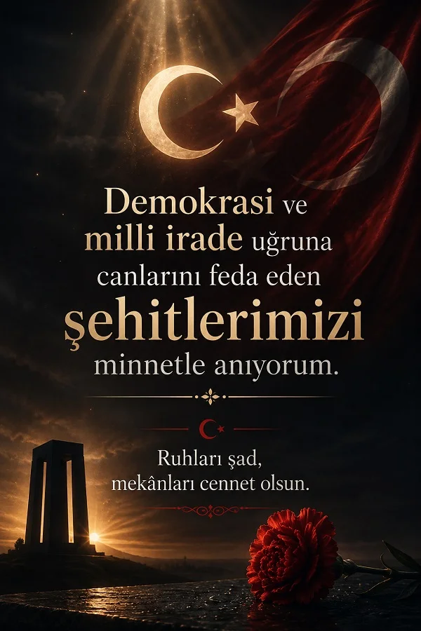 Türk bayrağı, şehitlik anıtı ve kırmızı karanfil eşliğinde demokrasi ve milli irade uğruna şehit olanları anan yazılı tasarım.