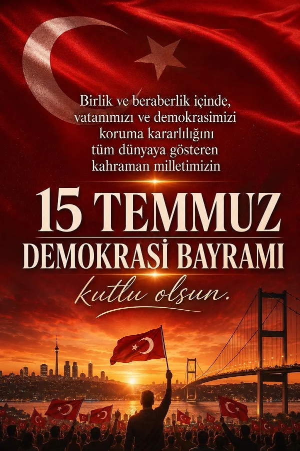 Büyük Türk bayrağı altında toplanan kalabalık, köprü ve şehir manzarası üzerinde 15 Temmuz Demokrasi Bayramı kutlama mesajı yer alıyor.