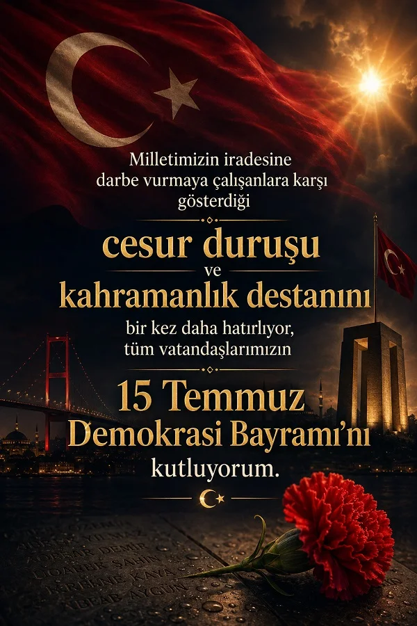 Türk bayrağı, anıt, köprü ve kırmızı karanfil detaylarıyla 15 Temmuz Demokrasi Bayramı’nı kutlayan yazılı tasarım.
