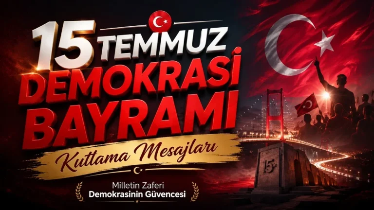 Türk bayrağı, şehir silüeti, kalabalık halk figürleri ve büyük kırmızı-beyaz tipografiyle hazırlanmış “15 Temmuz Demokrasi Bayramı Kutlama Mesajları” başlıklı modern kapak görseli.