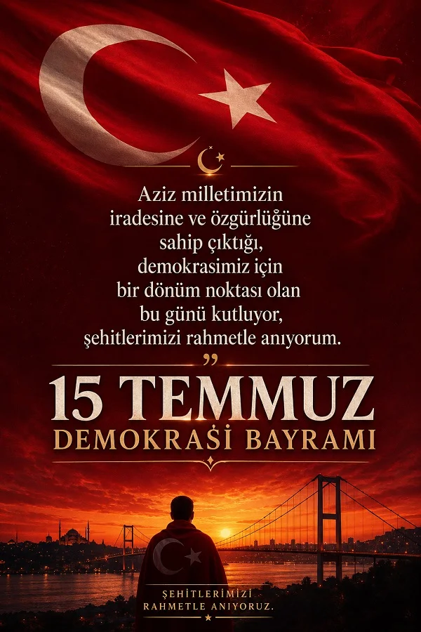 Dalgalanan Türk bayrağı ve köprü manzarası önünde 15 Temmuz Demokrasi Bayramı mesajı ve şehitleri rahmetle anma ifadesi bulunan tasarım.