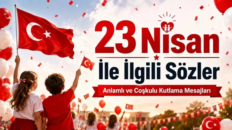 Türk bayrakları, kırmızı beyaz balonlar, çocuklar ve 23 Nisan İle İlgili Sözler başlığıyla hazırlanmış coşkulu bayram kapak görseli.