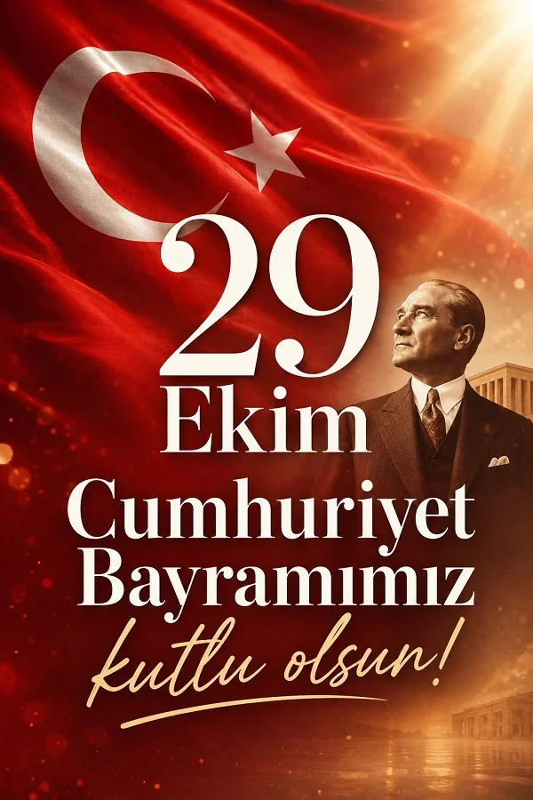 Türk bayrağı ve Atatürk portresi eşliğinde “29 Ekim Cumhuriyet Bayramımız kutlu olsun” yazısının yer aldığı anlamlı kutlama tasarımı.