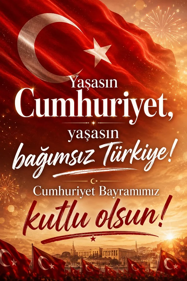 Türk bayrağı, havai fişekler ve Anıtkabir detaylarıyla “Yaşasın Cumhuriyet, yaşasın bağımsız Türkiye! Cumhuriyet Bayramımız kutlu olsun!” sözünün yer aldığı coşkulu kutlama görseli.