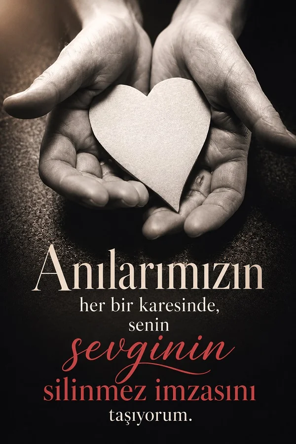 Siyah beyaz tonda iki elin arasında kalp şekli bulunan görsel üzerinde “Anılarımızın her bir karesinde, senin sevginiň silinmez imzasını taşıyorum.” sözü.