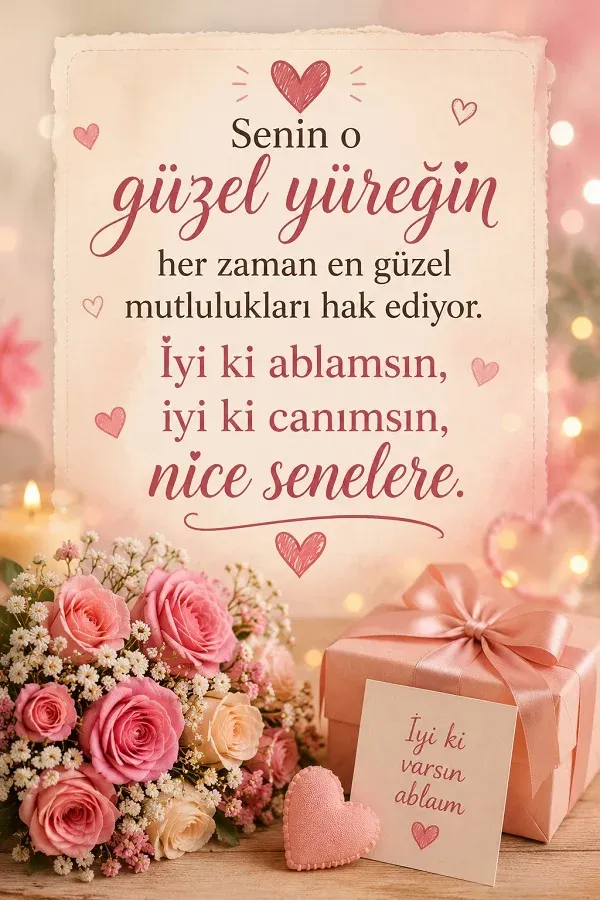 Ablaya doğum günü mesajı, pembe güller ve hediye kutulu romantik kutlama görseli