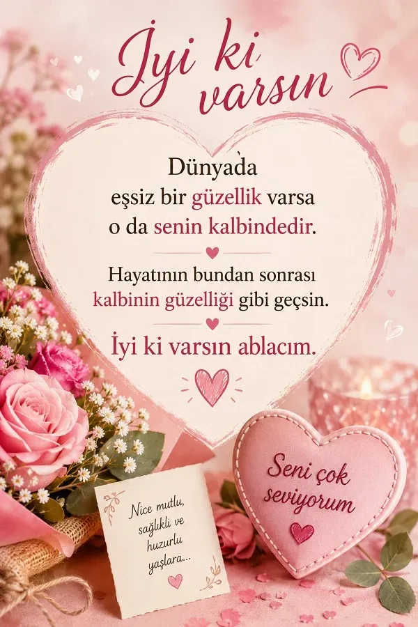 Ablaya sevgi dolu doğum günü mesajı ve kalpli pembe tasarım