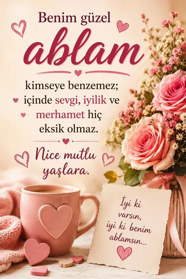 Ablaya doğum günü kutlama mesajı ve pembe çiçek temalı tasarım