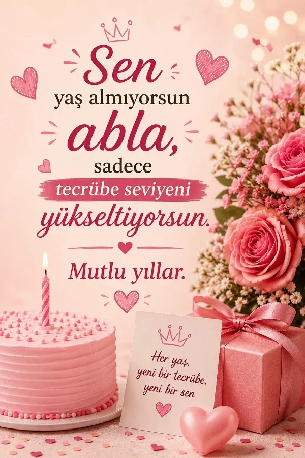 Eğlenceli ablaya doğum günü mesajı ve pasta temalı kutlama görseli