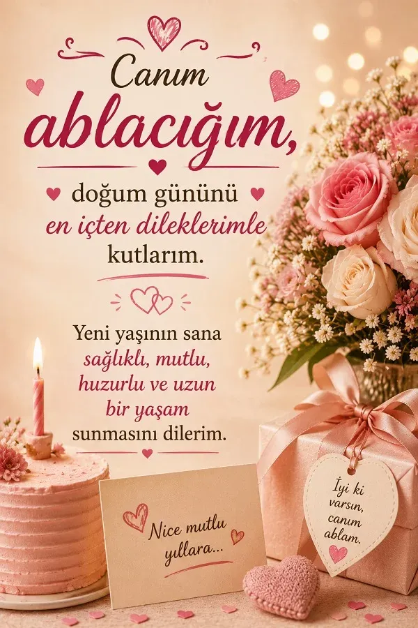Ablaya içten doğum günü mesajı ve romantik çiçekli kutlama tasarımı