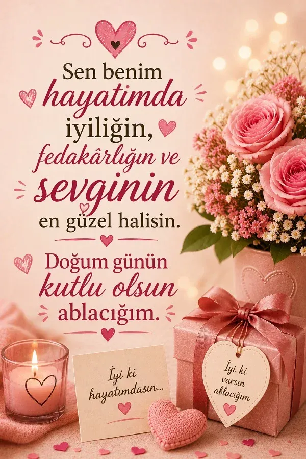 Ablaya duygusal doğum günü mesajı ve pembe çiçekli romantik tasarım