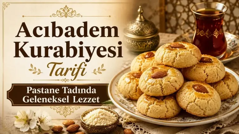 Tabakta bademli acıbadem kurabiyeleri, Türk çayı ve öğütülmüş bademle hazırlanmış geleneksel tarif kapak görseli.