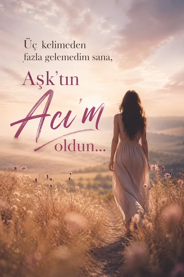 Gün batımı tonlarında kır yolunda yürüyen bir kadın ve “Üç kelimeden fazla gelemedim sana, Aşk’tın Acı’m oldun...” sözü yer alıyor.