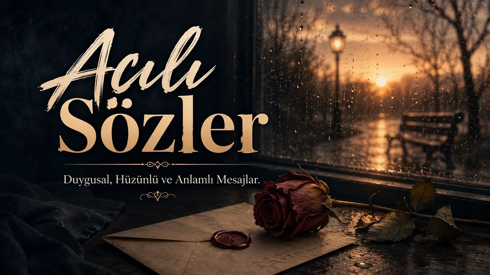 Yağmurlu pencere önünde solmuş bir gül ve mühürlü mektup bulunan, gün batımı tonlarıyla hazırlanmış “Acılı Sözler” başlıklı duygusal kapak görseli.