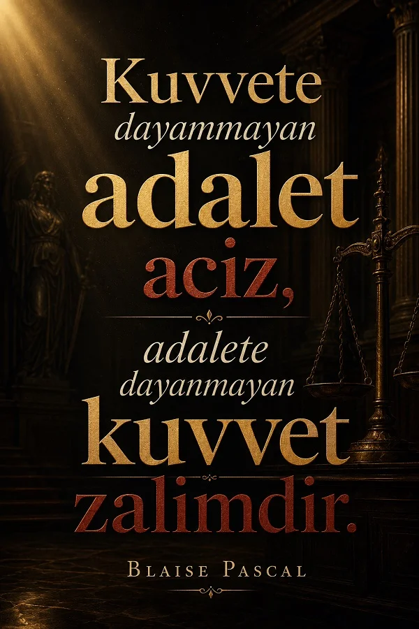 Karanlık bir adliye salonu arka planında terazi bulunan görselde “Kuvvete dayanmayan adalet aciz, adalete dayanmayan kuvvet zalimdir.” Blaise Pascal sözü yer alıyor.