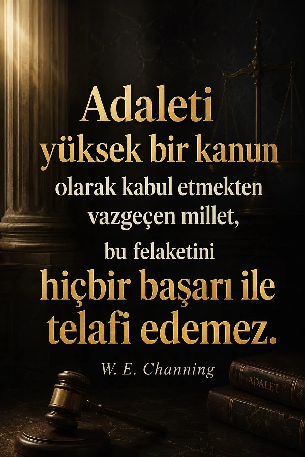 Tokmak ve hukuk kitaplarının yer aldığı koyu tonlu görselde “Adaleti yüksek bir kanun olarak kabul etmekten vazgeçen millet, bu felaketini hiçbir başarı ile telafi edemez.” W. E. Channing sözü yazıyor.