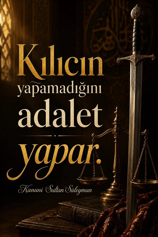 Kılıç ve adalet terazisinin bulunduğu koyu tonlu görselde “Kılıcın yapamadığını adalet yapar.” Kanuni Sultan Süleyman sözü yer alıyor.