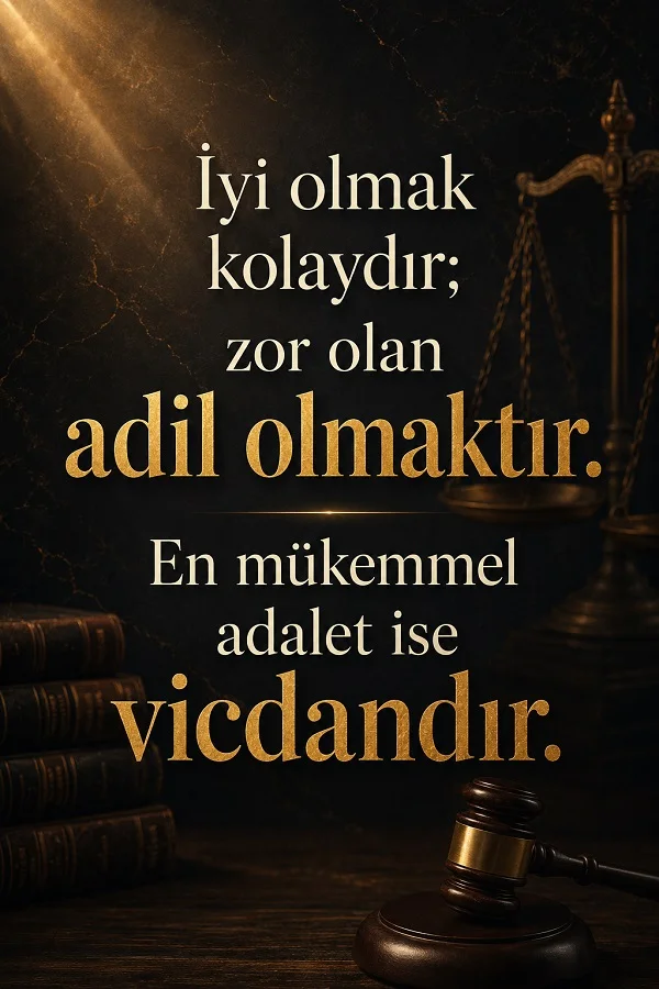 Tokmak, kitaplar ve arka planda terazi bulunan karanlık görselde “İyi olmak kolaydır; zor olan adil olmaktır. En mükemmel adalet ise vicdandır.” sözü yer alıyor.