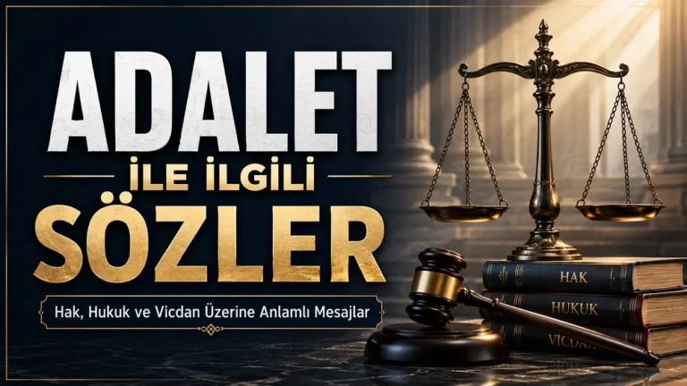 Adalet terazisi, hukuk kitapları, tokmak ve koyu-altın tonlarla hazırlanmış “Adalet ile İlgili Sözler” temalı kapak görseli.