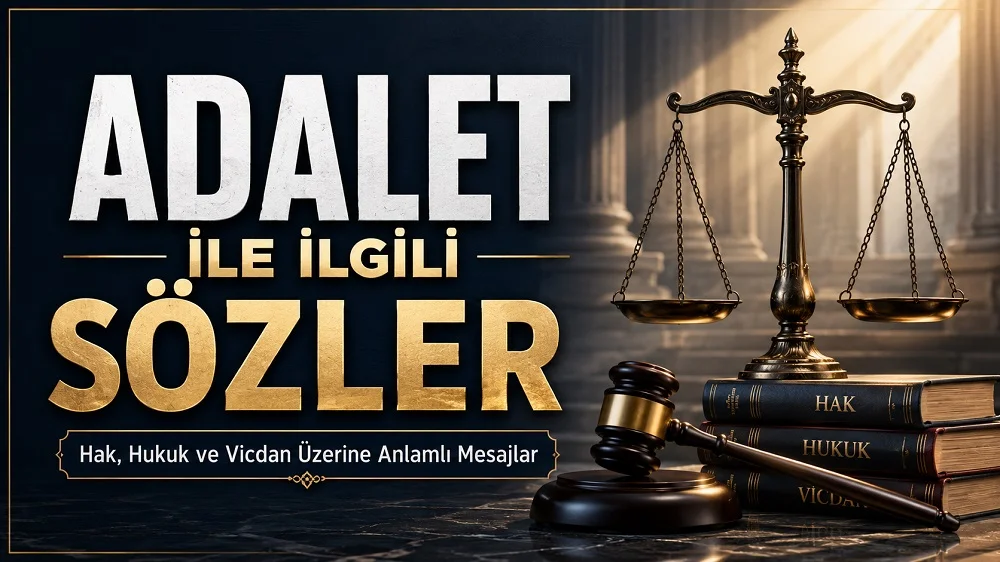 Adalet terazisi, hukuk kitapları, tokmak ve koyu-altın tonlarla hazırlanmış “Adalet ile İlgili Sözler” temalı kapak görseli.