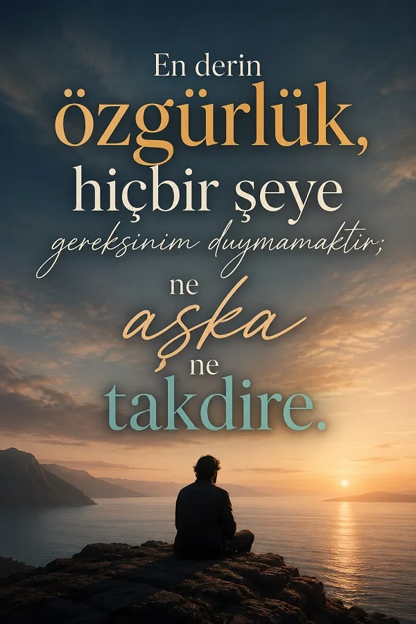 Deniz kıyısındaki kayalıkta oturan bir siluet önünde “En derin özgürlük, hiçbir şeye gereksinim duymamaktır; ne aşka ne takdire.” sözü yer alıyor.