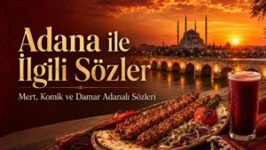 Adana ile ilgili sözler başlıklı, gün batımı atmosferinde Taşköprü, Adana kebabı ve şalgam bulunan blog kapak görseli.
