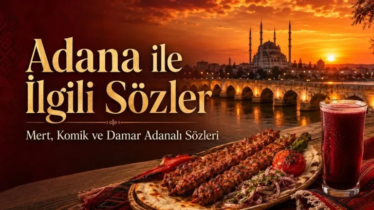 Adana ile ilgili sözler başlıklı, gün batımı atmosferinde Taşköprü, Adana kebabı ve şalgam bulunan blog kapak görseli.